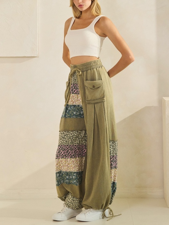 Sage + Fig Pants - Sage + Fig Floral Print Patchwork Stretchy Waist Jogger Pants